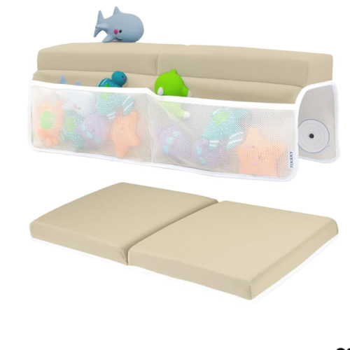Baby Bath Kneeler and Elbow Rest Pad Set - Baby Bath Support for Knees and Elbows - Bath Kneeler Pad with Memory Foam and Bath Toys Organizer - Ideal Bath Kneeling Pad for Bathing Baby - Beige