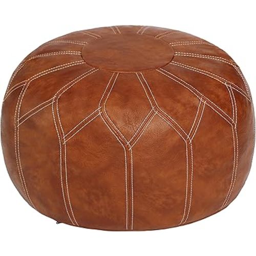 Thgonwid Unstuffed Moroccan Faux Leather Pouf Ottoman with Storage - Handmade Boho Chic Multi-Use Footrest for Living Room, Bedroom, Patio - Round Ethnic Floor Cushion & Decorative Accent, Brown