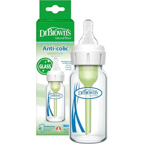 Dr. Brown's Anti-Colic Options+ Narrow Glass Baby Bottle with Level 1 Slow Flow Nipple, BPA-Free, 4 oz/120mL, 0m+, 1-Pack (Packaging May Vary)