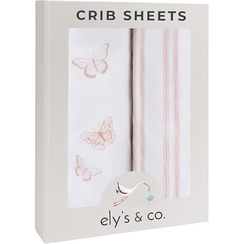 Ely’s & Co. Crib Sheets, Baby Girl Fitted Crib Mattress Sheet Set, 2 Pack, 100% Jersey Knit Cotton, Infant and Toddler Nursery Bedding, Pink Butterfly + Stripes Print, 28” x 52”