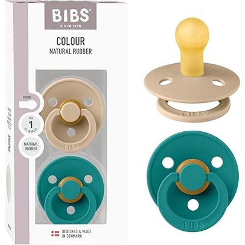BIBS Colour Pacifier 2-Pack, BPA Free Binky Pacifier, Round Nipple. Natural Rubber Latex, Made in Denmark, Size 1 (0-6 Months), Taupe/Scuba