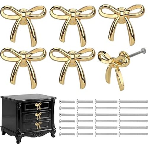 6 Pack Gold Bow Dresser Knobs Cute Drawer Knobs Gold Decor Drawer Zinc Alloy Brushed Brass Hardware Handles Pulls Vintage Cupboard Drawer Knob for Kitchen Cabinets Home Bedroom (6, Gold-6)