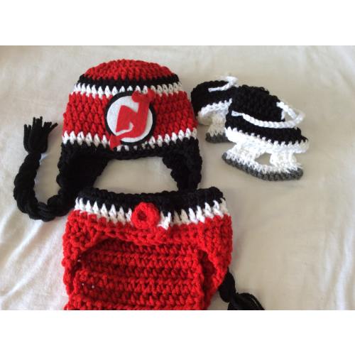 New Jersey Devils Baby Crochet Hockey Earflap Hat, Diaper Cover, and Skate Booties . FREE SHIPPING