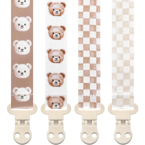 Baby Pacifier Clip Holder - Boy and Girl Unisex 4 Pack Gift Set – Vintage Neutral Checker Teddy Bear Beige and Brown