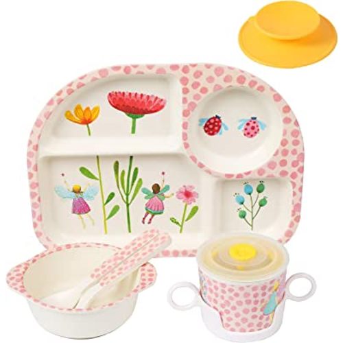 shopwithgreen 7Pcs/Set Bamboo Kids Dinnerware Set - Children Dishes - Food Plate Bowl Cup Spoon Fork Set Dishware, Cartoon Tableware, Dishwasher Safe Kids Healthy Mealtime, BPA Free