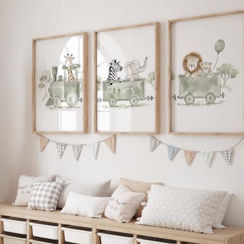 Safari Nursery Wall Art Set of 3, Baby Boy Nursery Prints, Green Safari Animal Train Decor, Jungle Nursery Wall Art, Physical Prints