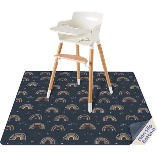 Blissful Diary Baby Splat Mat for Under High Chair, 50.4 x 50.4 Inch Wipeable Splash Mat, Waterproof and Washable, Anti-Slip Floor Protector, Retro Rainbow
