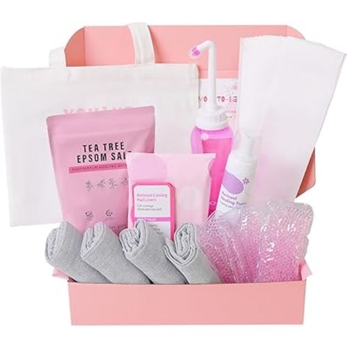 Postpartum Essentials Recovery Kit - Peri Bottle,Perineal Ice Packs,Perineal Healing Foam,Disposable Underwears,Cooling Pad Liners,Bath Salts,Canvas Bag,Card,Postpartum Gifts for Mom