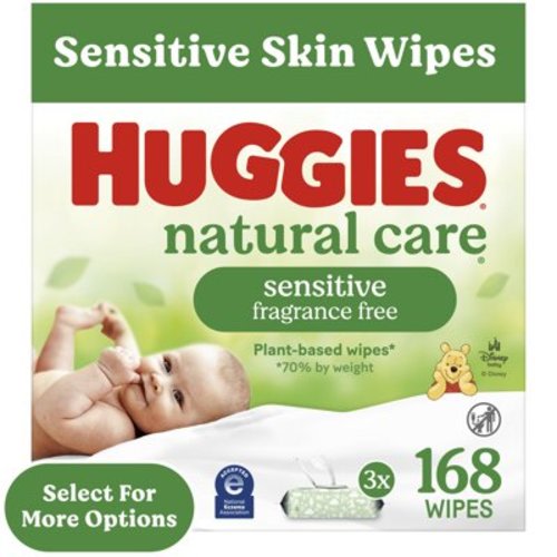 Huggies Natural Care Sensitive Baby Wipes, Unscented, 3 Pack, 168 Ct, Hypoallergenic, Dermatologist-Tested