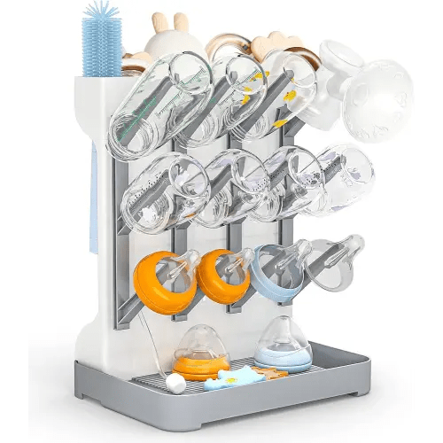 GoMaihe Baby Bottle Drying Rack: Space Saving Vertical Bottle Dryer Holder - Baby Accessories Storage Stand Organize Brushes Pacifiers on Countertop - BPA-Free - Gray