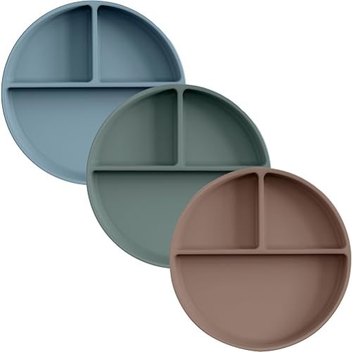 Moonkie Suction Plates for Baby | 100% Silicone BPA-Free Baby Plates| Divided Design | Microwave and Dishwasher Safe | Toddler Plates 3 Pack