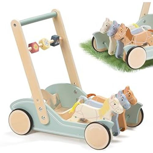 Giant bean Wooden Baby Walker for Boys Girls Ages 1+, Galloping Ponies Push and Pull Activity Walker Adjustable Speed, Baby Push Walker Gift for Toddler Kids Motor Skills & Stimulates Creativity