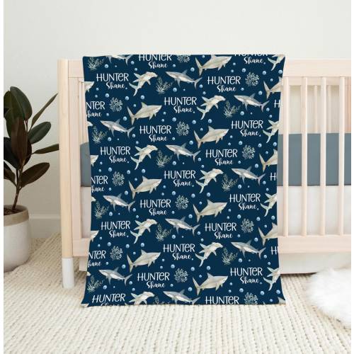 SHARK BABY BOY Blanket, Toddler Boy Shark Blanket, Personalized Shark Baby Blanket, Custom Name Marine Under the Sea Ocean New Baby Boy Gift