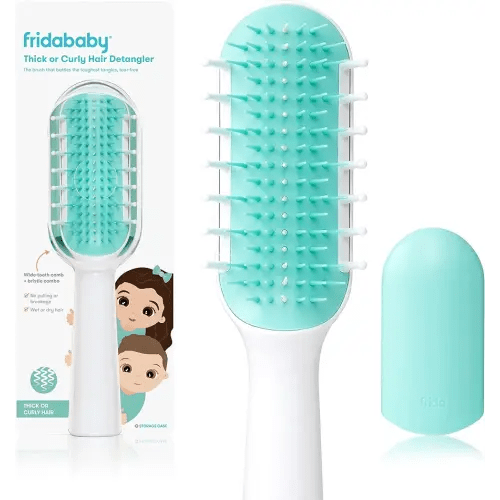 Frida Baby Thick or Curly Hair Detangler Brush for Kids, Toddler Hairbrush Detangles Knots Without Tears or Breakage, Comb Teeth and Bristle Design, White/Blue ,1 Count
