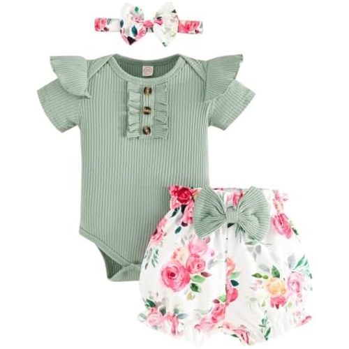 Baby Girl Clothes Newborn Infant Outfit Ruffle Romper and Short Pants Clothing Sets for Summer Spring