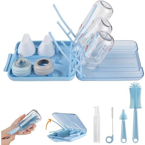 Bottle Brush Set -Baby Travel Essential-6 in 1 Bottle Cleaner Kit with Silicone Bottle Brush,Nipple Cleaner Brush,Straw Brush,Soap Dispenser,Storage Box,Bottle Drying Rack for Home and Travel(Blue)