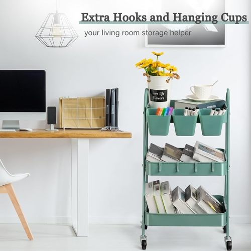 danpinera 3-Tier Rolling Cart, Metal Rolling Storage Cart with Lockable Wheels & Hanging Cups & Hooks, Mobile Trolley Cart for Kitchen, Bathroom, Office, Workshop, Green
