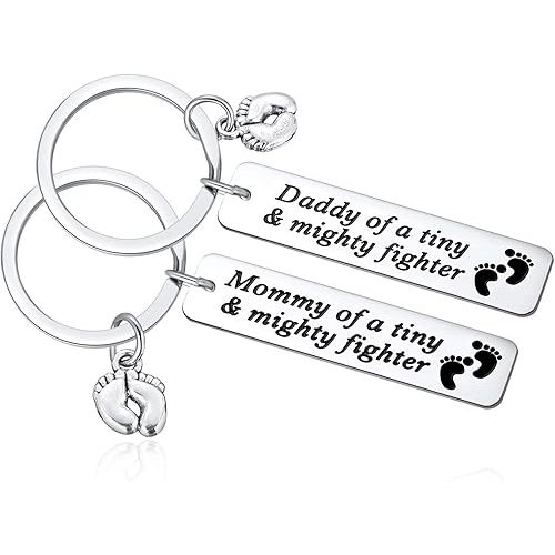Ralukiia NICU Dad Mom Preemie Baby Gift - Mommy/Daddy of A Tiny Mighty Fighter Keychain Support NICU Parents Care Basket Neonatal Intensive Care Unit Gift