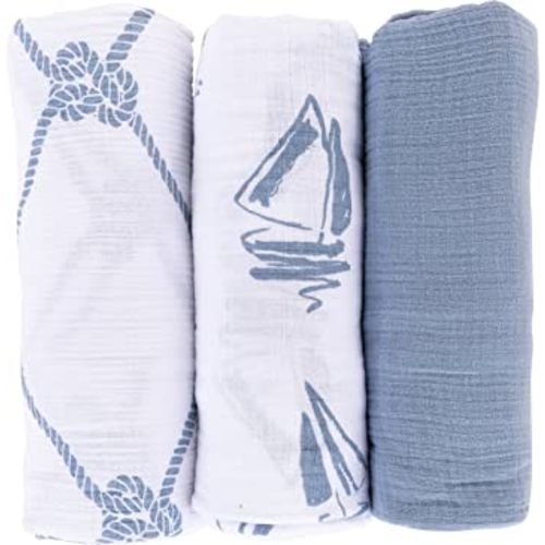 Ely's & Co. Cotton Muslin Swaddle Blanket 3 Pack 47" x 47" - Dusty Blue Nautical Print