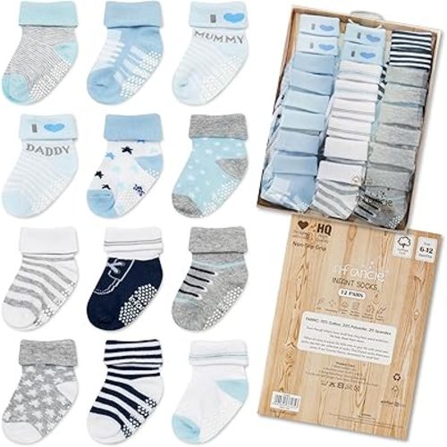 Baby Socks 12 Pairs - Non-Slip Infant Grip for Newborns & Toddlers 6-12 Months, Boys & Girls, Safe for Walking