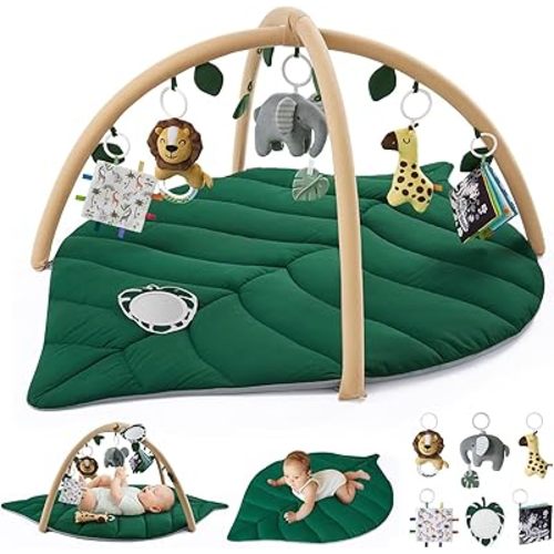 Blissful Diary Baby Play Gym & Activity Mat, Leaf Shaped Baby Play Mat with 6 Detachable Toys, Tummy Time Mat Promote Motor Skills & Sensory Development, Newborn Baby Essentials Gift, Jungle Green