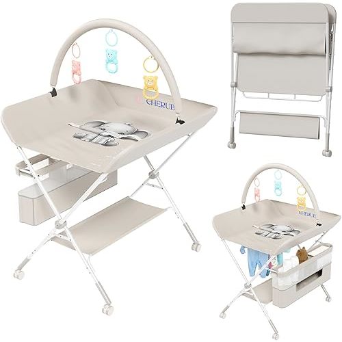 Foldable Baby Changing Table with Storage - Newborn Nursery Furniture with Lockable Wheels, Toy Rack, 3 Lvl Height Adjustment - Baby Changer Dresser PortableDiaper Changing Station for Nursery