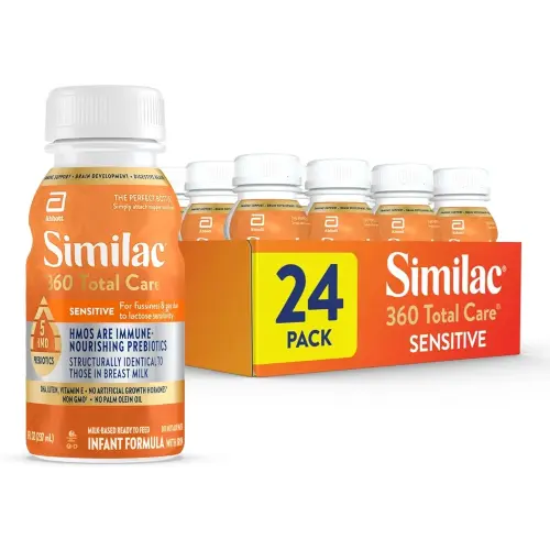 Similac 360 Total Care Sensitive Infant Formula for Fussiness & Gas Due to Lactose Sensitivity, Has 5 HMO Prebiotics, Non-GMO, Baby Formula, Ready to Feed, 8-fl-oz Bottle, Pack of 24
