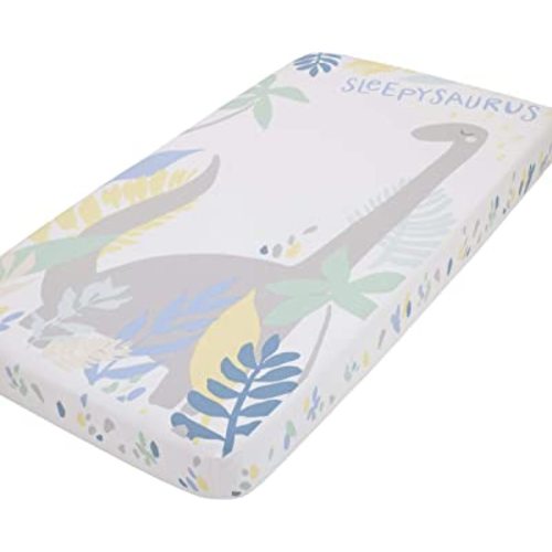 NoJo Sleepysaurus Blue, Yellow, Grey & White Dino Leaf 100% Cotton Photo Op Fitted Crib Sheet, Blue, Grey, Yellow, White