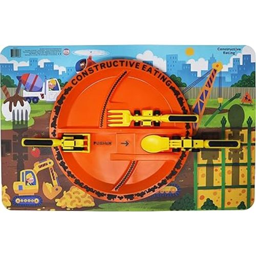 Set of 3 Construction Utensils, Construction Plate and Construction Worksite Placemat