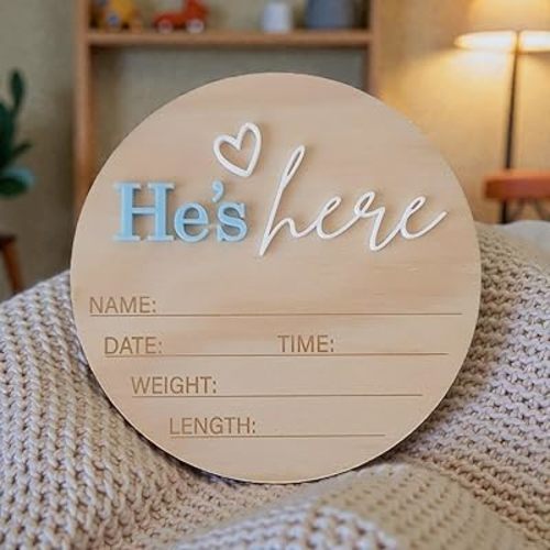 Wooden Birth Announcement Sign – 6 Inch Round Baby Announcement Plaque, She’s Here/He’s Here Newborn Announcement, Hello World Nursery Sign (He)