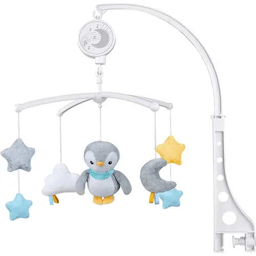 Baby Musical Mobile with Lullabies Music Box, Rotating Penguin Mobile Soother Crib Toy, Gift for Baby Nursery Bed Decoration for Newborn Boys and Girls