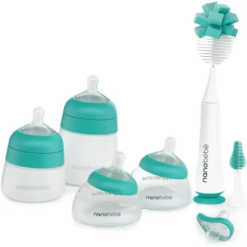 Nanobebe Baby Bottle Set Anti-Colic Baby Bottle Gift Set - Early Essentials Set with Baby Silicone Bottles, Breastmilk Bottles, Bottle Brush, Silicone Pacifiers - 5oz and 9oz - Teal