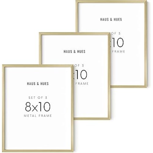 HAUS AND HUES Gold 8x10 Picture Frames - Frame Set of 3, Metal Frames, Gallery Wall Set, Photo for Walls, Prints (Gold Aluminum Frames), in