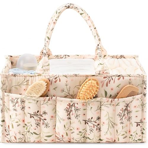 Quilted Diaper Caddy Organizer with Handle, Portable Nursery Storage Basket