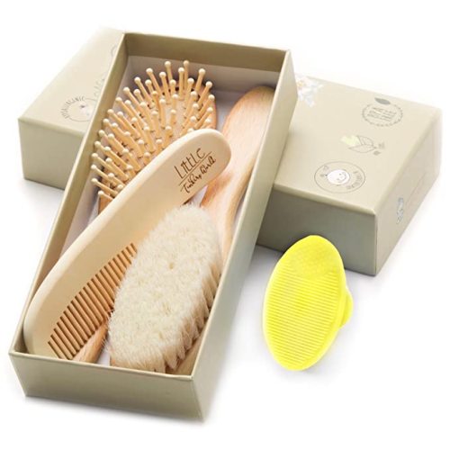 Wooden Baby Hair Brush and Comb Set (4-Piece) for Newborns and Toddlers | Ideal for Baby Cradle Cap | Wood Bristles Baby Brush | Baby Massage and Scalp Brush | Perfect for Baby Registry Gift Set