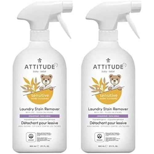 ATTITUDE Fabric Stain Remover for Baby Clothes, Plant- and Mineral-Based Ingredients, Vegan and Cruelty-free Laundry Products for Sensitive Skin, Unscented, 27 Fl Oz (Pack of 2)