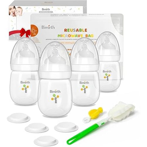 Baby Bottle Set for Newborns, Bimirth Feeding & Breast Milk Storage Bottles with Storage Lids, 11-Piece Wide-Neck Anti-Colic BPA-Free Starter Gift Set with Steam Bag & Cleaning Brushes (6oz/180ml)