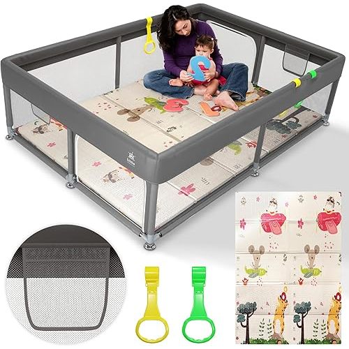 Baby Playpen with Mat Included - Durable Baby Play Yard with 2 Playpen Pull Up Rings, 2 Toy Storage Nets, and Non Slip Bottom Suction - Large Playpen for Babies and Toddlers, 71"x59"