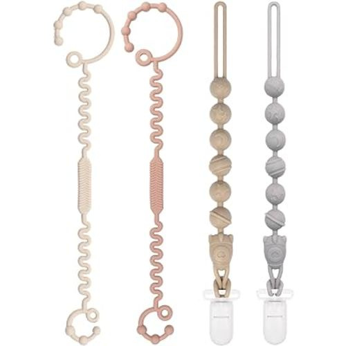 Babygoal Silicone Pacifier Clips 4 Pack,2pcs Pacifier Holder Clip with 2pcs Toy Strap Chain for Baby Boy Girl Fits All Pacifier,Binky,Teething Toys,Highchairs,Car Seat,Strollers-Neutral Color