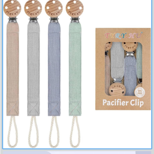 TYRY.HU Ribbon Pacifier Clip Holder,4 Pack Binky Paci Holder Clips, Pacifier Leash for Boys and Girls, Soft Webbing Strap Universal Fits for Most Pacifier, Styles & Teethers(Khaki,Grey,Blue,Green)