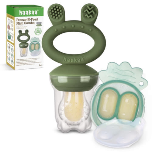 Haakaa Baby Fruit Food Feeder & Mini Freezer Nibble Tray Combo, Breastmilk Popsicle Molds for Baby Cooling Relief, BPA Free Silicone Feeder for Safe Infant Self Feeding, 4 Month+(Olive Green)