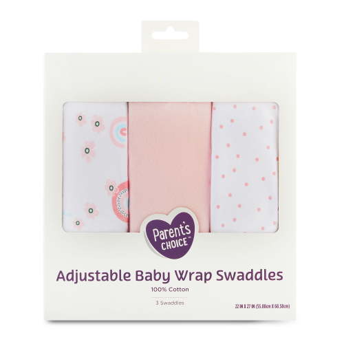 Parent's Choice 100% Cotton 3-Pack Adjustable Baby Wrap Swaddles for Girls, Rainbow Print, 22" x 27"