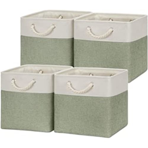 Temary Cube Storage Baskets for Shelves 12 Inch Storage Cubes 4pack Fabric Storage Baskets for Organizing Clothes, Closet Baskets with Rope Handles for Home (White&Green)
