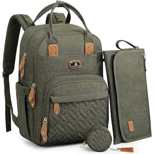 Dikaslon Diaper Bag Backpack with Portable Changing Pad, Pacifier Case and Stroller Straps, Large Unisex Baby Bags for Boys Girls, Multipurpose Travel Back Pack for Moms Dads, Army Green
