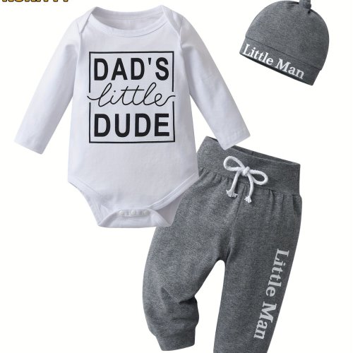 KuKitty Baby Boy Clothes Set Newborn Long Sleeve "Dad's Little DUDE" Print Tops Pants Hat Infant Boys 3Pcs Outfit Sets
