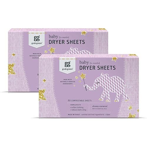 Grab Green Baby Laundry Dryer Sheets, 160 Sheets, Dreamy Rosewood Scent, Plant Based, Softens Clothing and Linens, Reduces Static Cling
