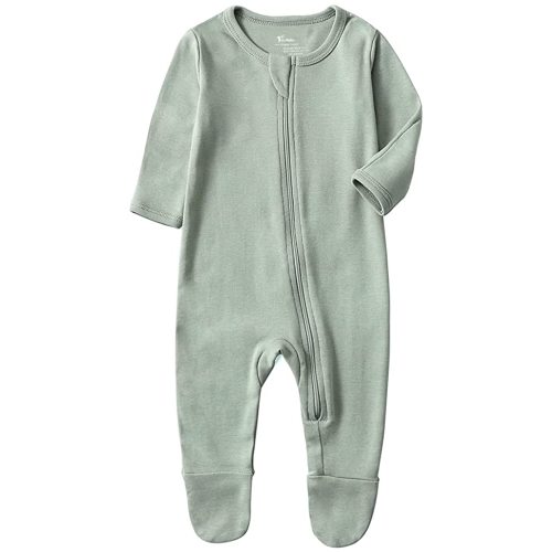 O2Baby Baby Boys Girls Organic Cotton Zip-Front Sleeper Pajamas, Footed Sleep 'n Play - Sage, 0-3 Months