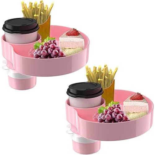 [2 Packs] Kids Car Seat Tray, Travel Tray with Cup Holder for Toddler Baby, Kids Car Seat Food Snack Organizer for Road Trip, Stroller snack, travel must haves - Pink