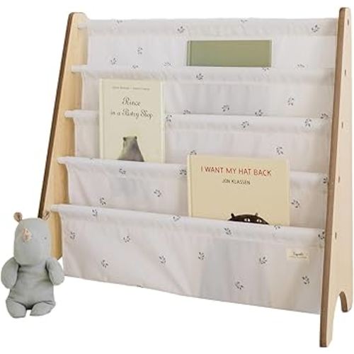 3 Sprouts Recycled Fabric Kids Bookshelf – 4-Tier Sling Book Rack Organizer - Nursery Room Playroom Classroom Wooden Book Shelves - Kid Bookcase Wood Storage Shelf for Toddler Age 3+ - Blueberry Ivory