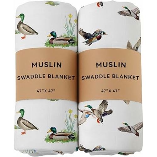 2 Pack Mallard Duck Muslin Swaddle Blankets 70% Bamboo 30% Cotton Breathable Receiving Blankets Gender Neutral Newborn Essentials for Baby Boy or Girl Soft and Large 47 x 47 Inches (Mallard Duck)